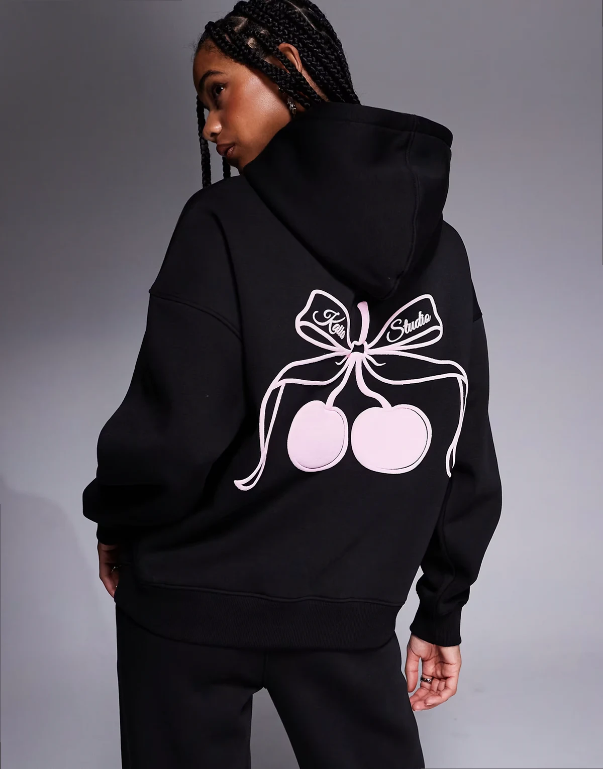 cotton rich cherry bow back print hoodie in black and pink - part of a set