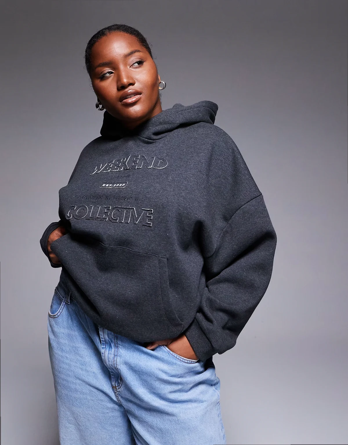 Weekend Collective Curve hoodie with applique graphic in charcoal heather
