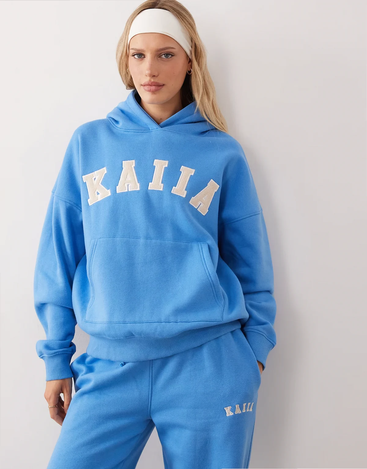 cotton rich embroidered logo oversized hoodie in blue - part of a set