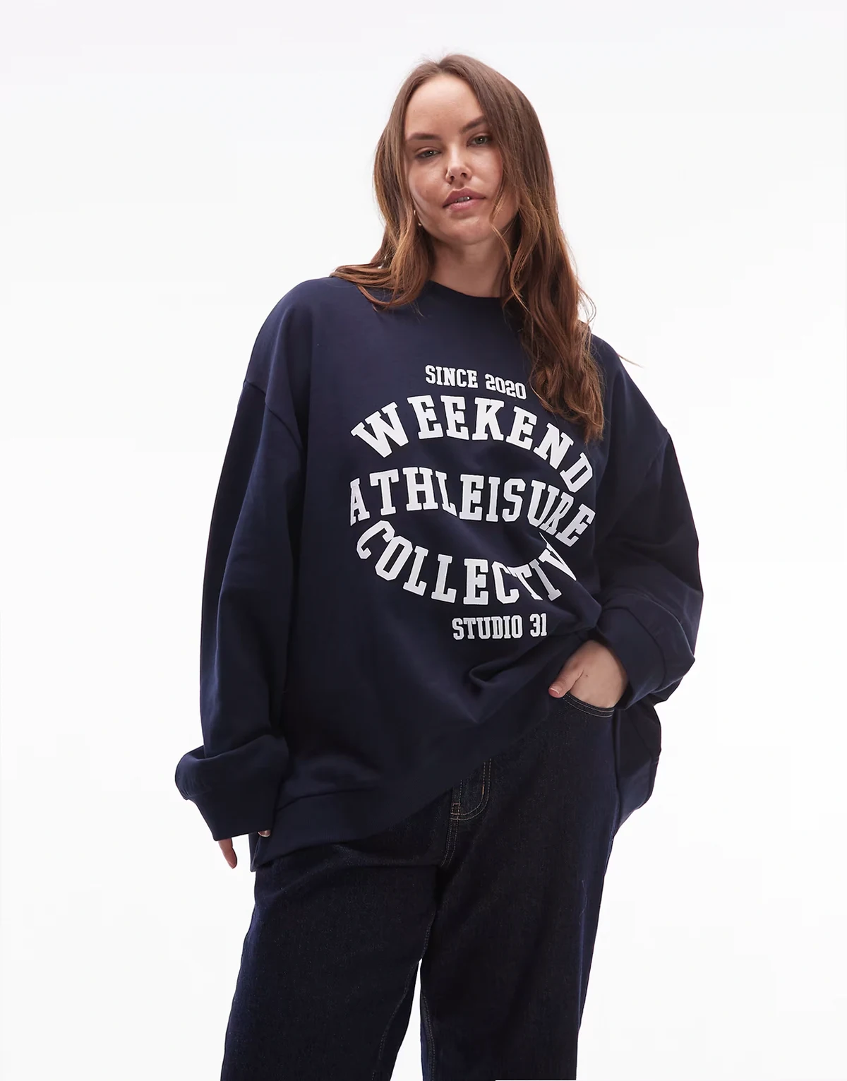 Weekend Collective Curve oversized sweatshirt with athleisure studio graphic in navy