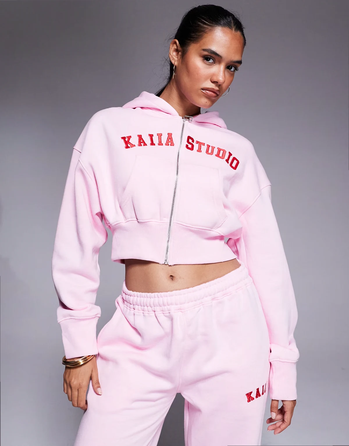 cotton blend Studio embroidered logo zip up cropped hoodie in baby pink and red - part of a set