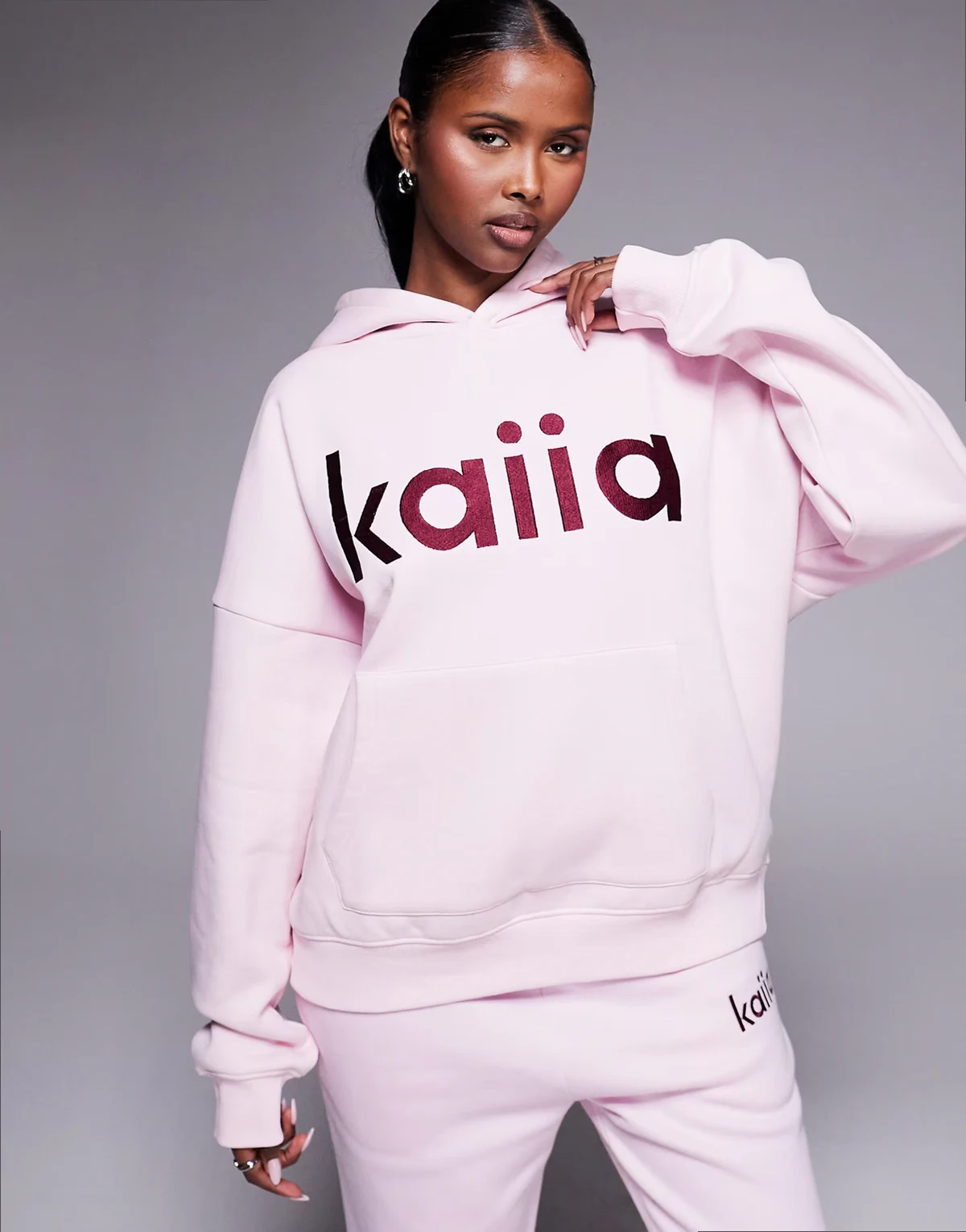 cotton rich embroidered logo oversized hoodie in baby pink and burgundy - part of a set