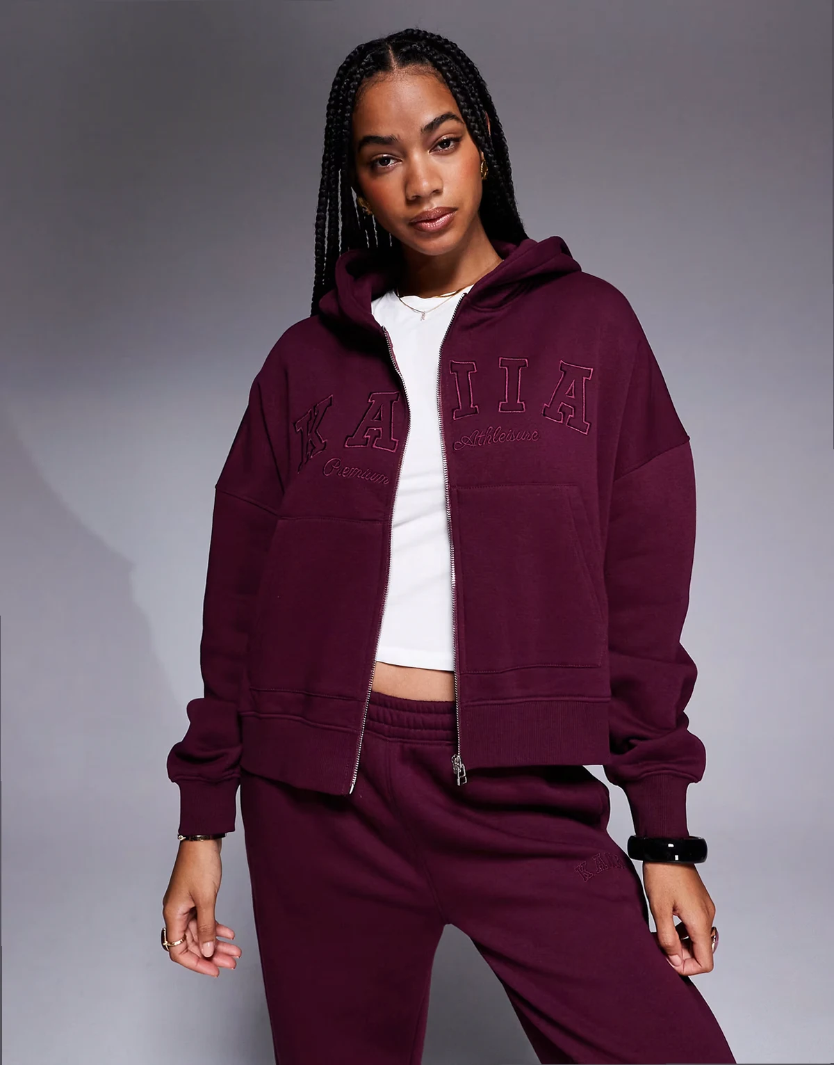 cotton rich embroidered logo zip up hoodie in dark cherry - part of a set