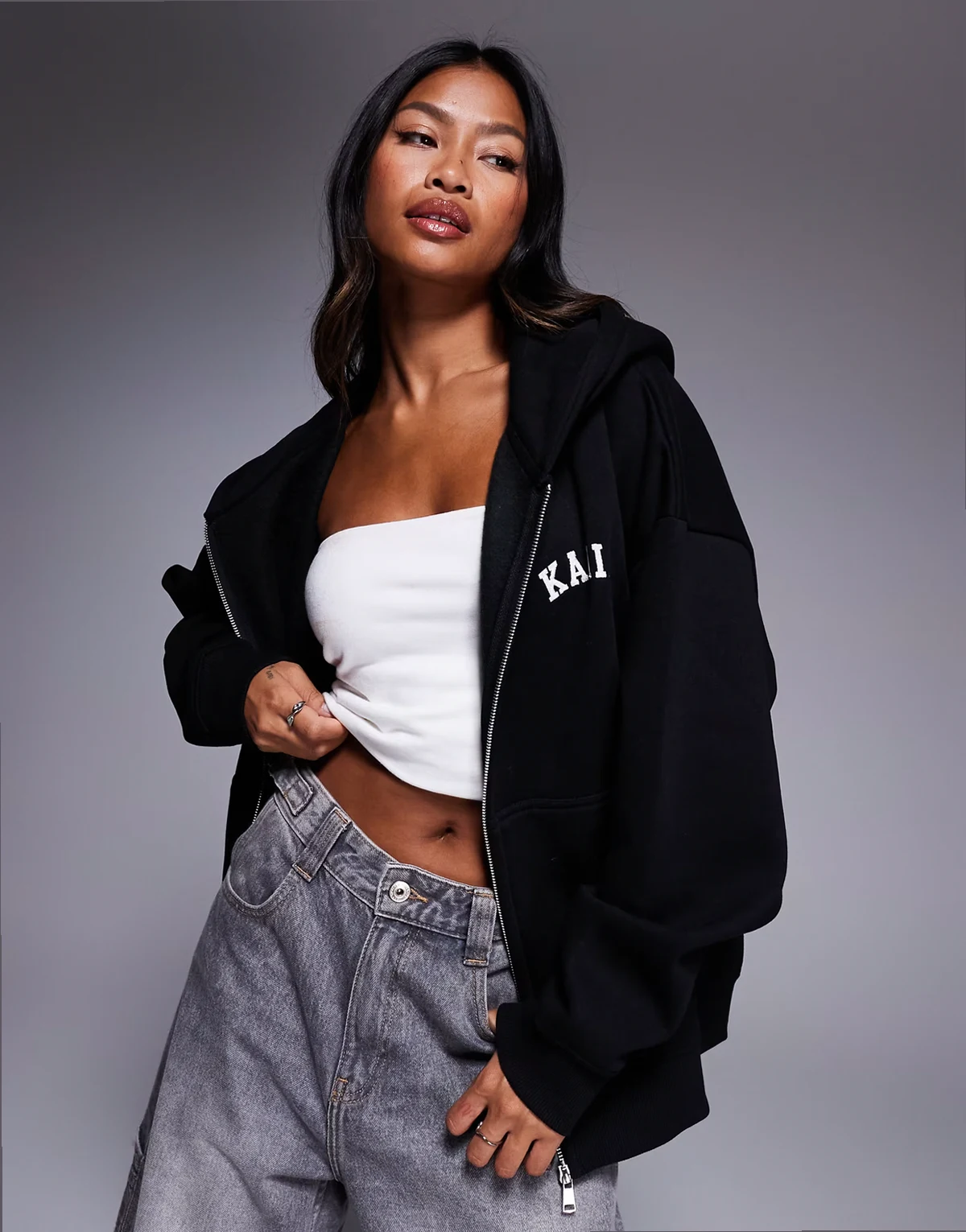 cotton rich embroidered logo zip up hoodie in black