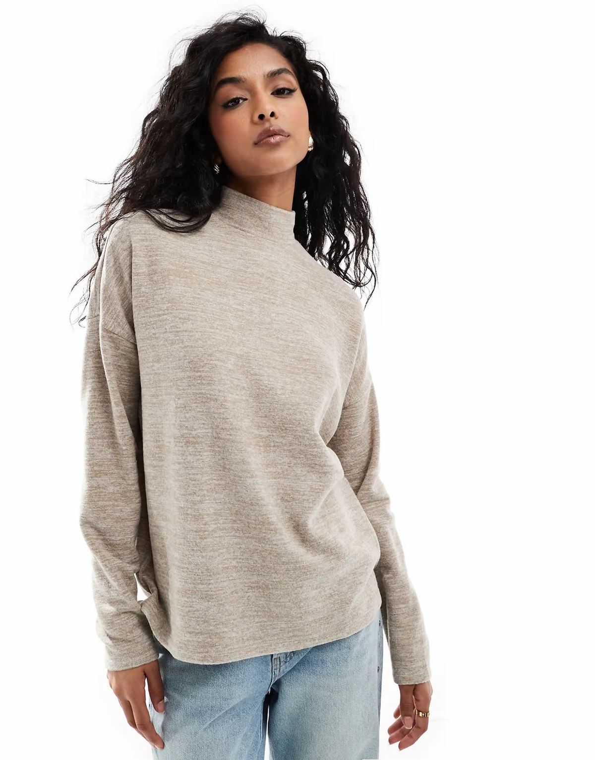 high neck oversized jersey top in beige melange