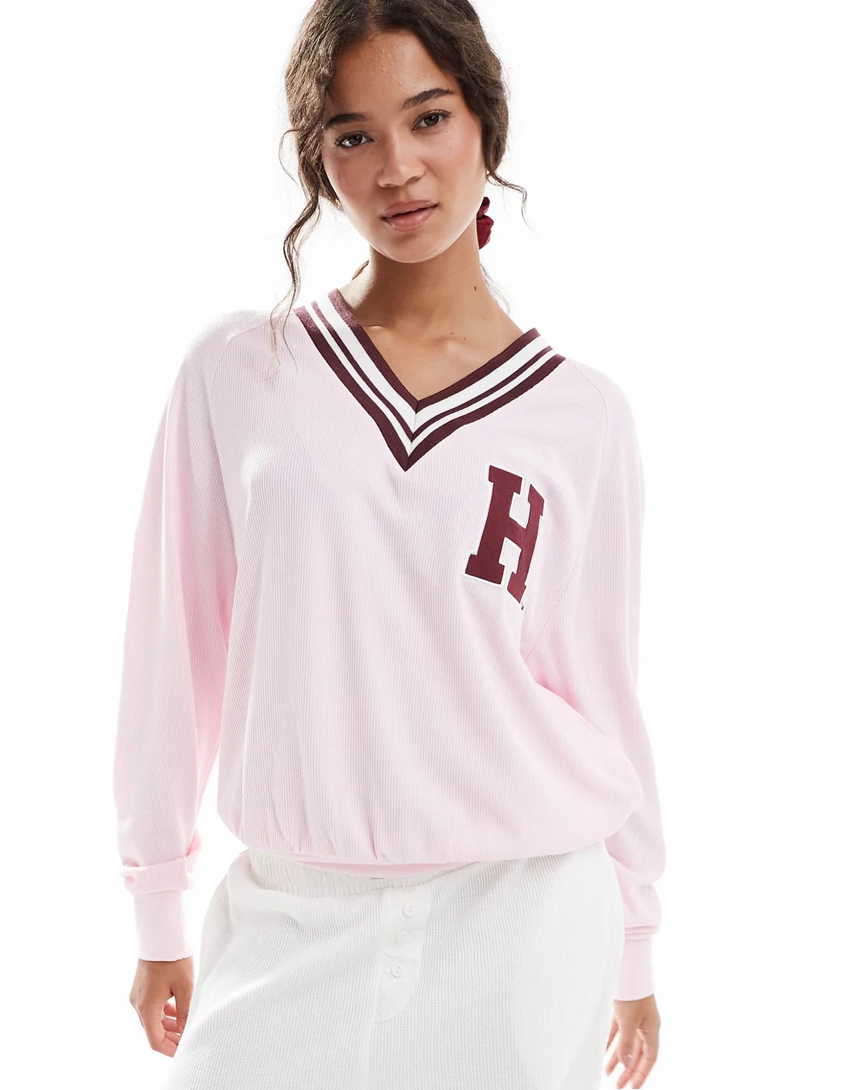– Pyjama-Sweatshirt in Blushing Bride mit Waffelstruktur und V-Ausschnitt
