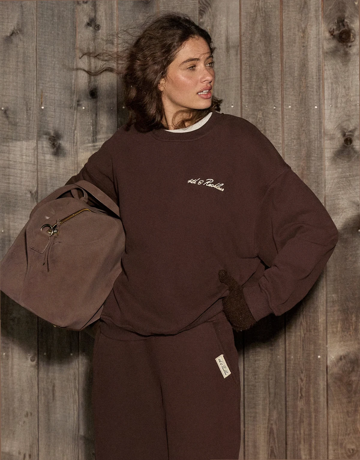 cotton rich embroidered logo sweatshirt in chocolate - part of a set