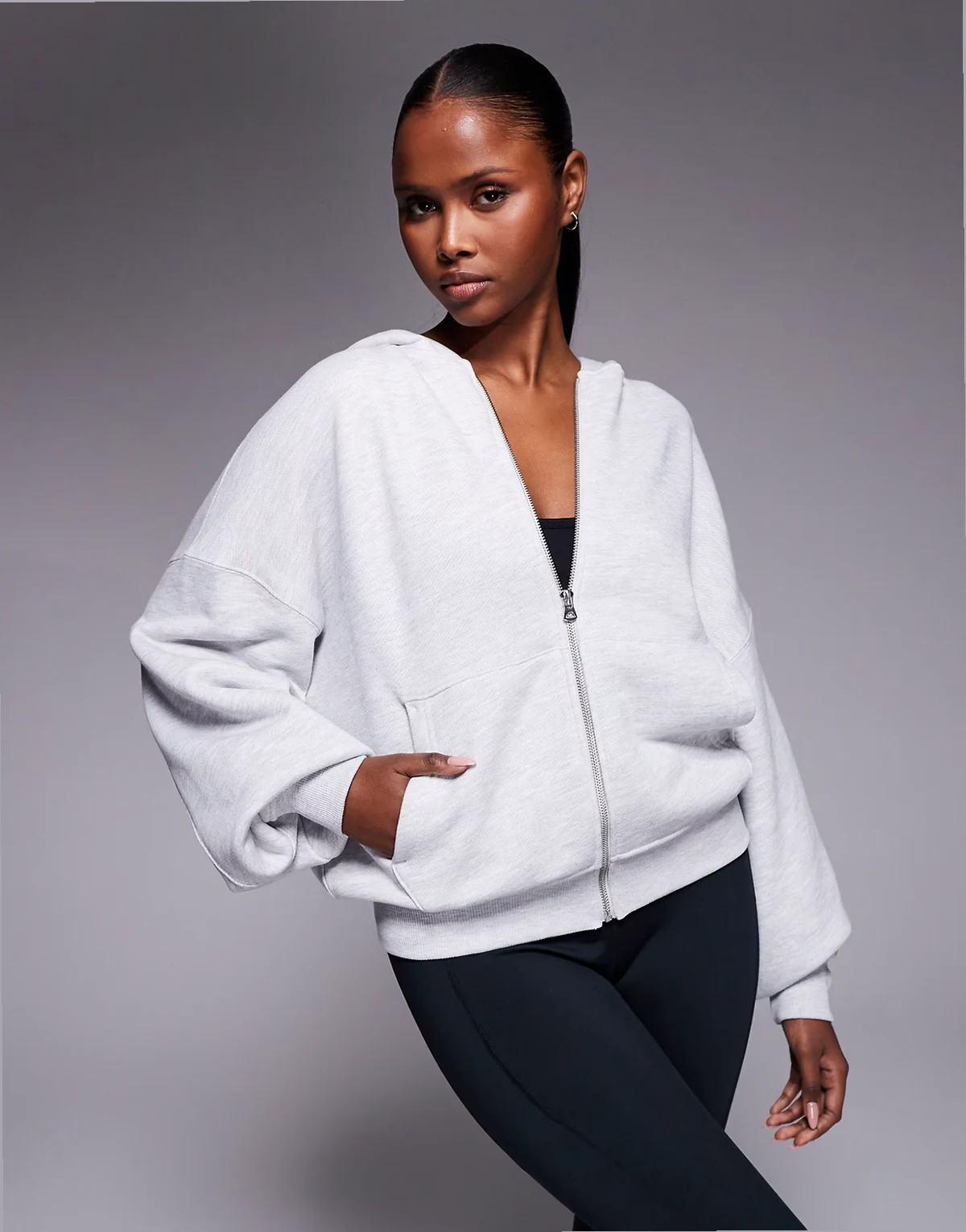 Rest Day heavyweight 420gsm cotton zip up oversized cocoon hoodie in light gray heather