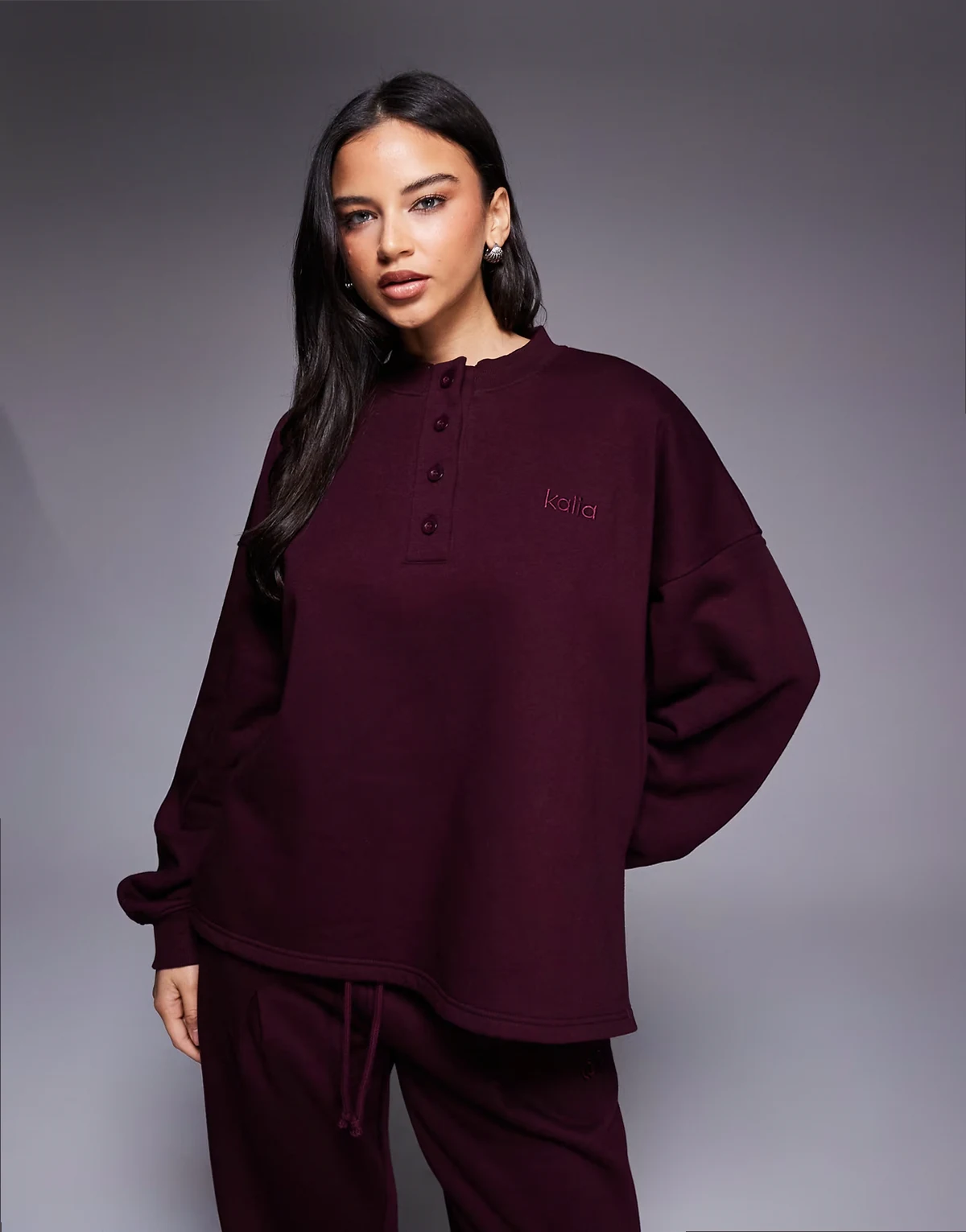 cotton rich oversized button up henley sweatshirt in burgundy - part of a set