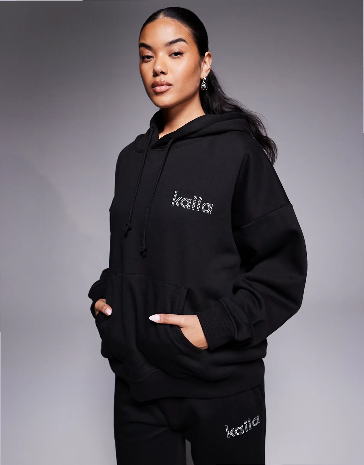 exclusive cotton rich diamante logo oversized hoodie in black - part of a set