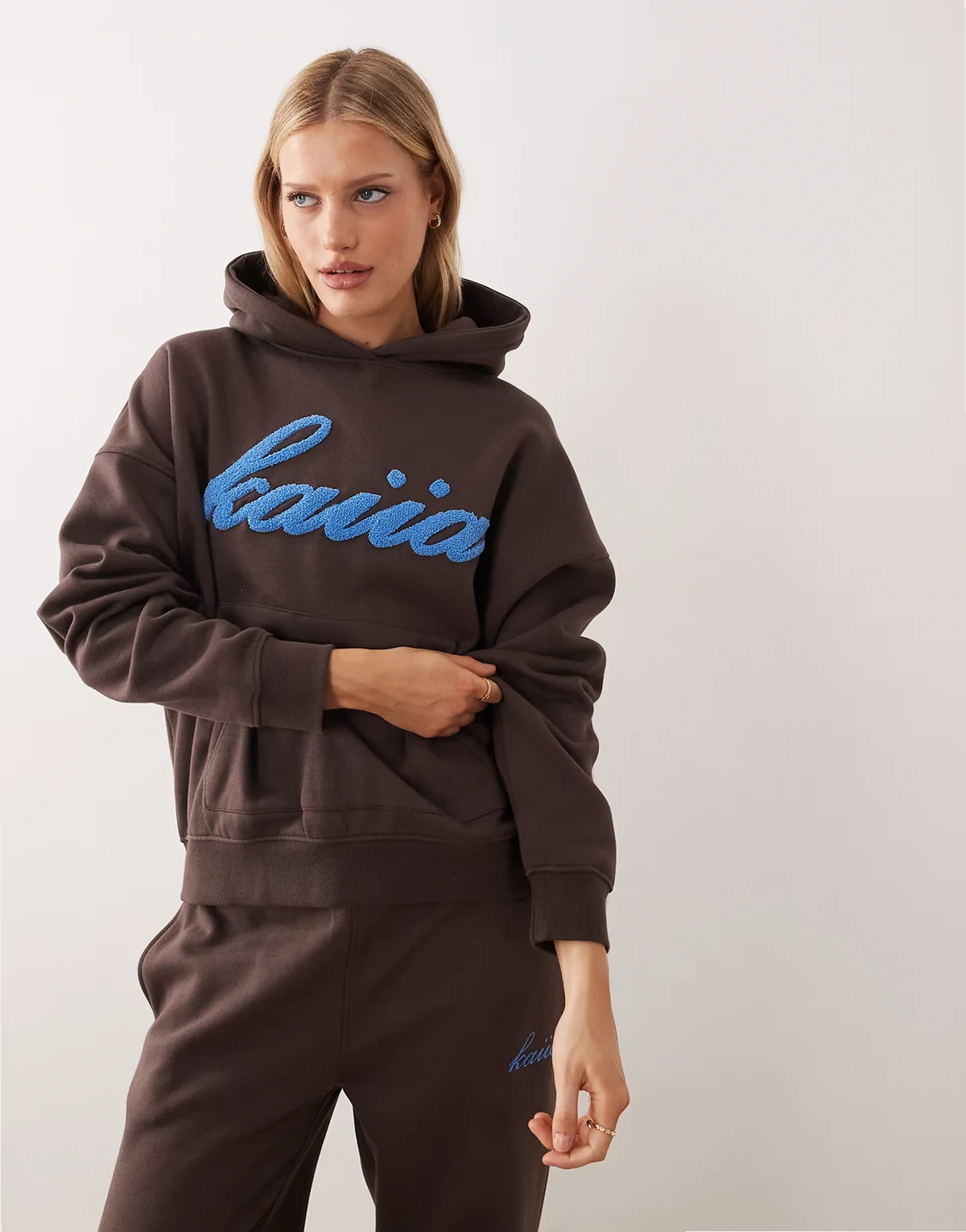 exclusive cotton rich teddy logo oversized hoodie in chocolate and blue - part of a set