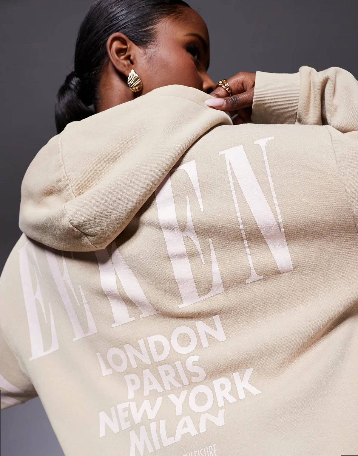 Weekend Collective oversized hoodie with stacked back logo in washed stone and pink