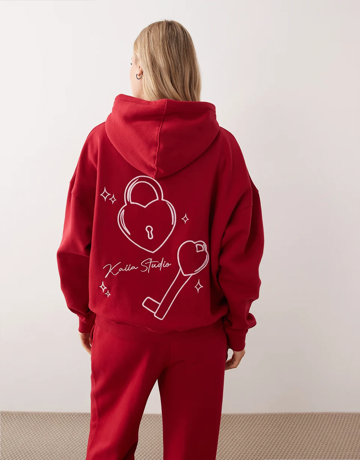 Studio cotton rich embroidered lock and key back graphic oversized hoodie in red and pink - part of a set