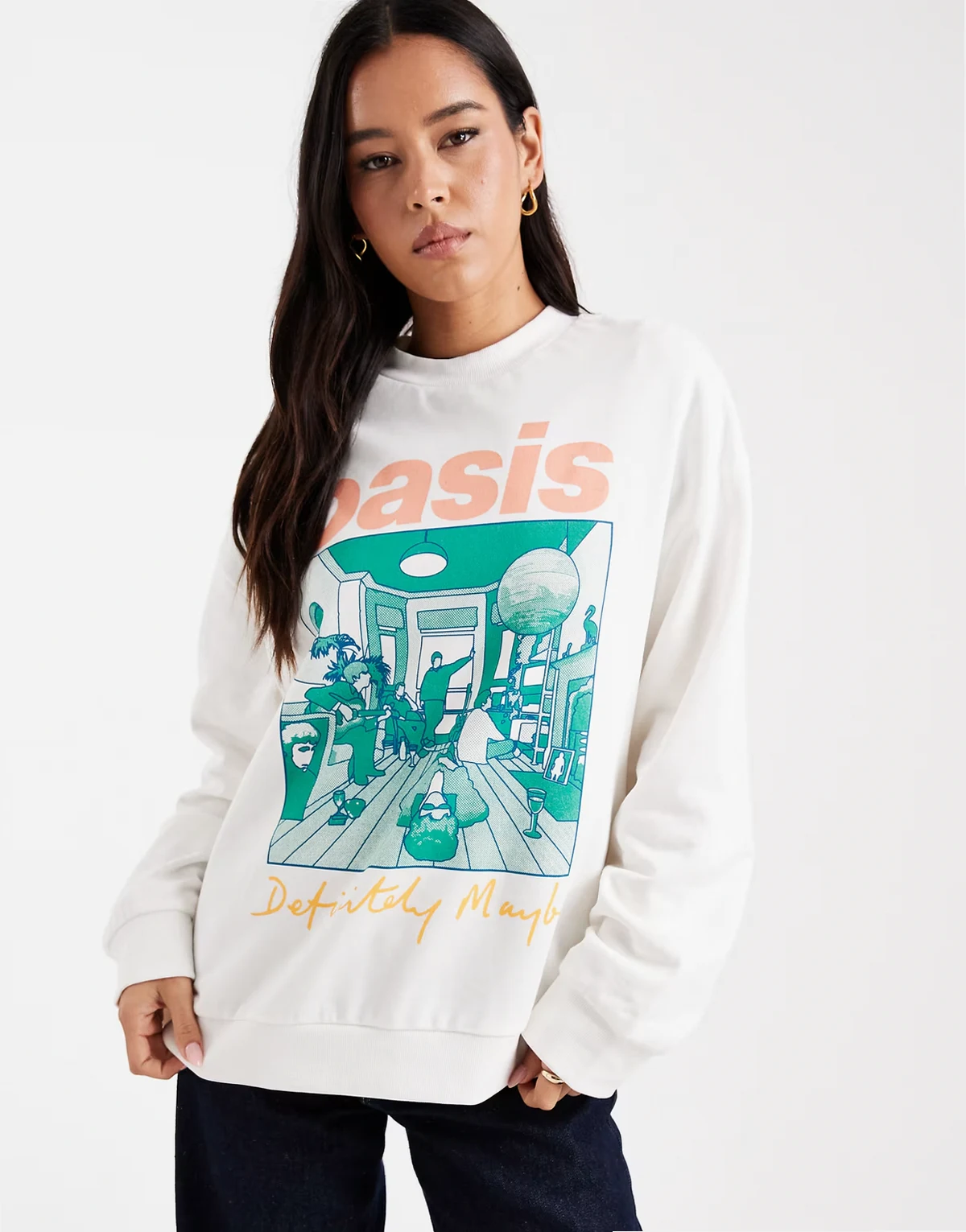 – Oversize-Sweatshirt in Creme mit lizenziertem „Oasis Definitely Maybe“-Grafikprint