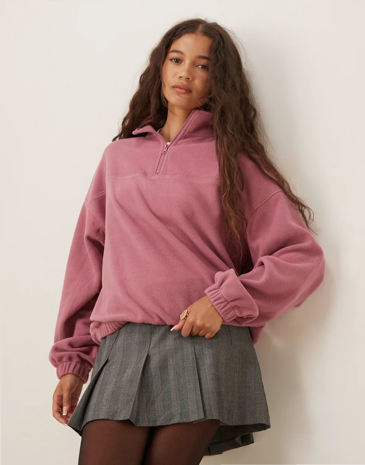 – Fleece-Sweatshirt in Rosé mit kurzem Reißverschluss
