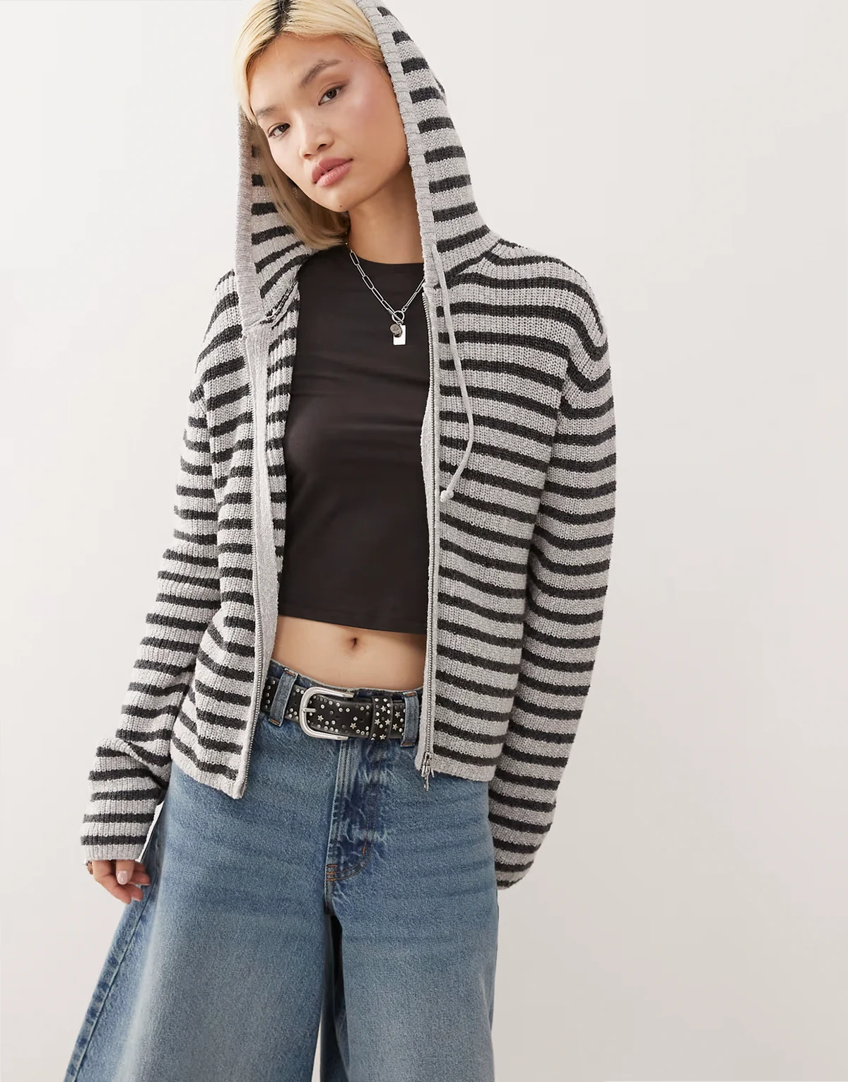 slim fit knit hoodie in gray and black stripes