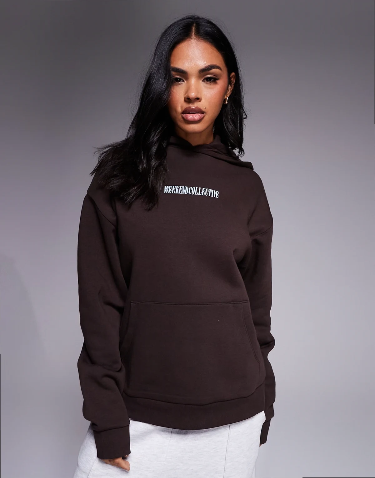 Weekend Collective oversized hoodie with stacked back logo in chocolate