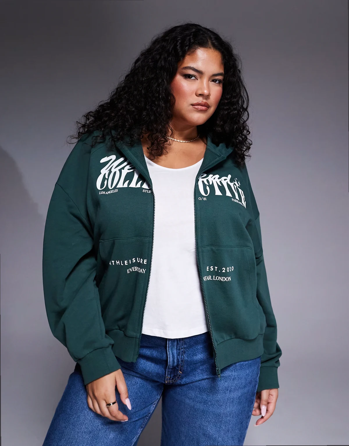 Weekend Collective Curve zip through hoodie with mixed font graphic in green