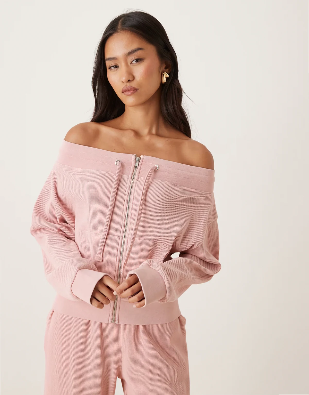 waffle off shoulder zip through sweat in pink