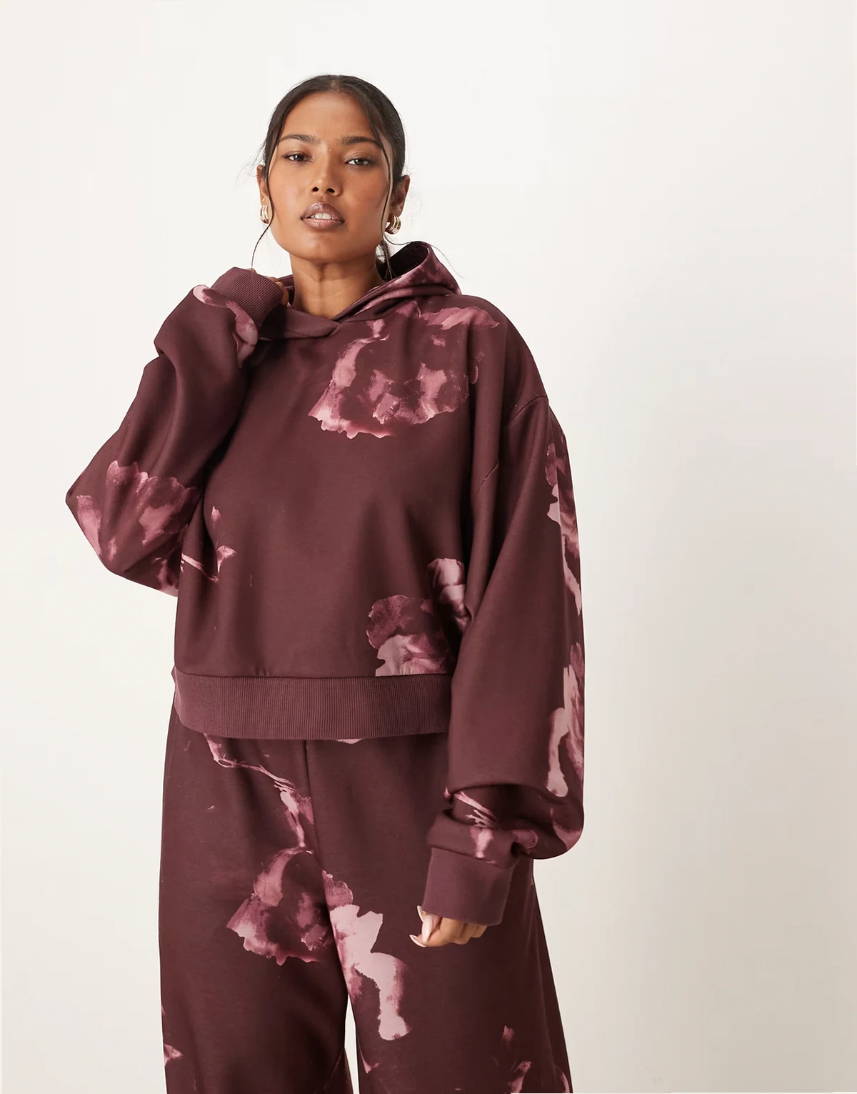 ASOS DESIGN Curve hoodie with all over floral design in plum - part of a set