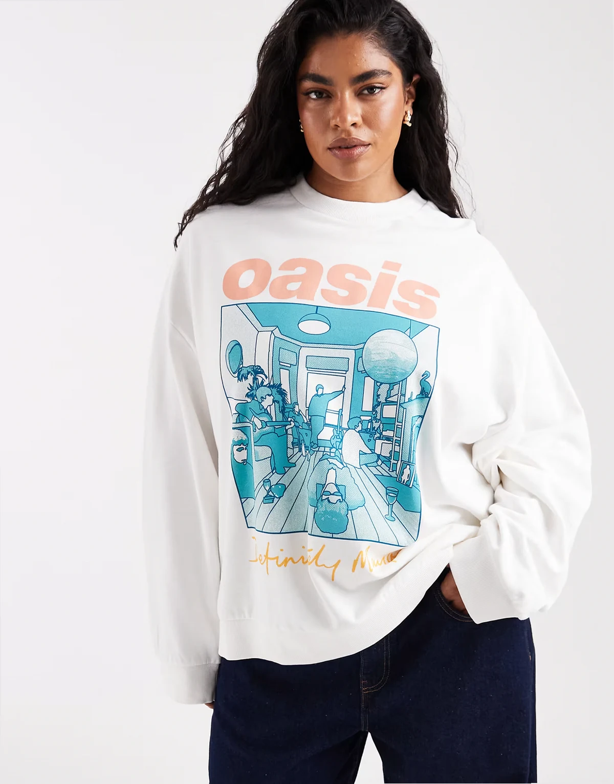 ASOS DESIGN Curve oversized sweatshirt with Oasis definitely maybe licensed graphic in cream