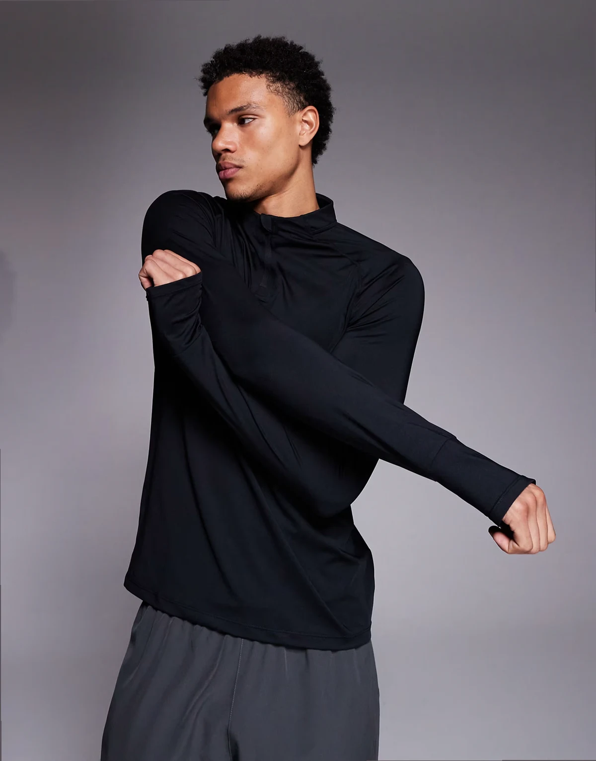 slim fit 1/4 zip base layer long sleeve running top in black