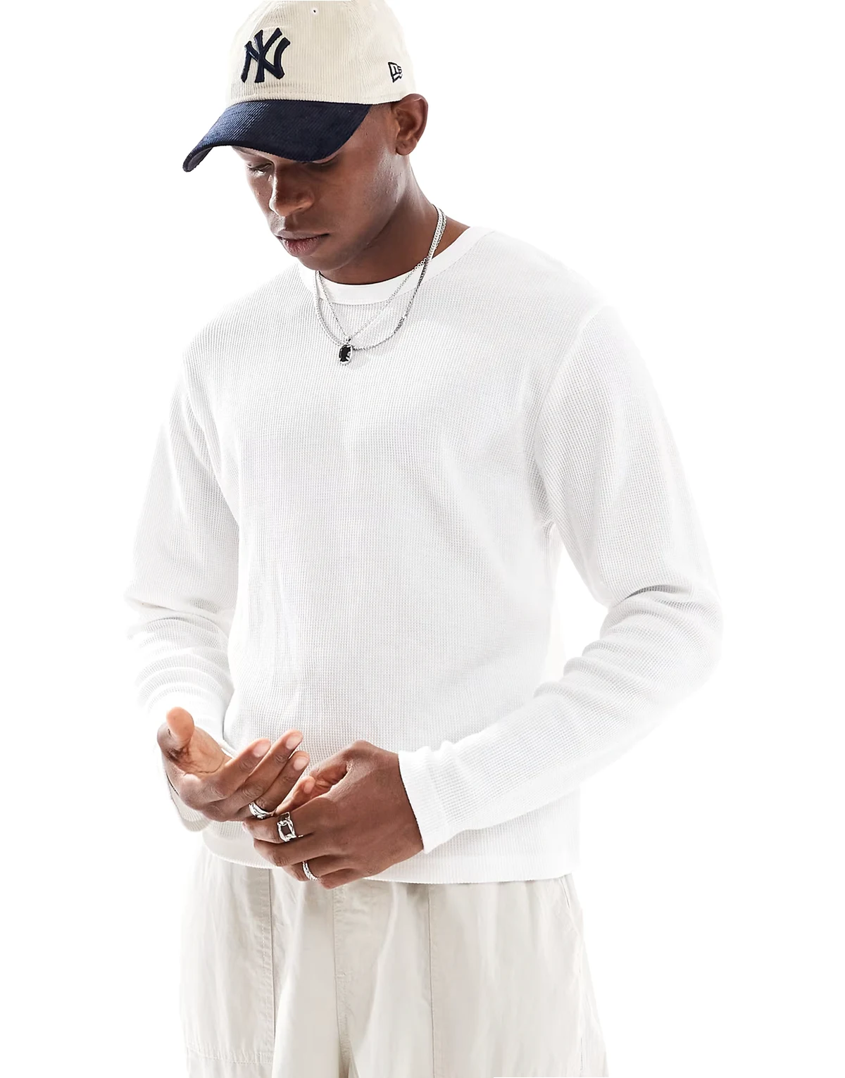 long sleeve waffle T-shirt in white