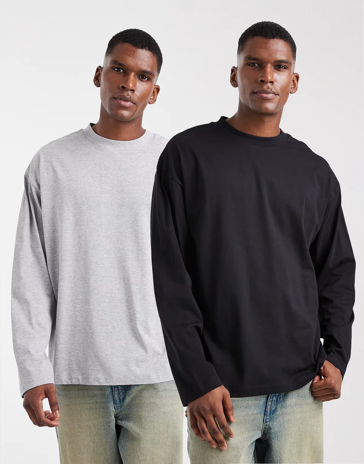 – Essentials – Zestaw 2 T-shirtów oversize z długimi rękawami w kolorach czarnym i szarym melanżowym