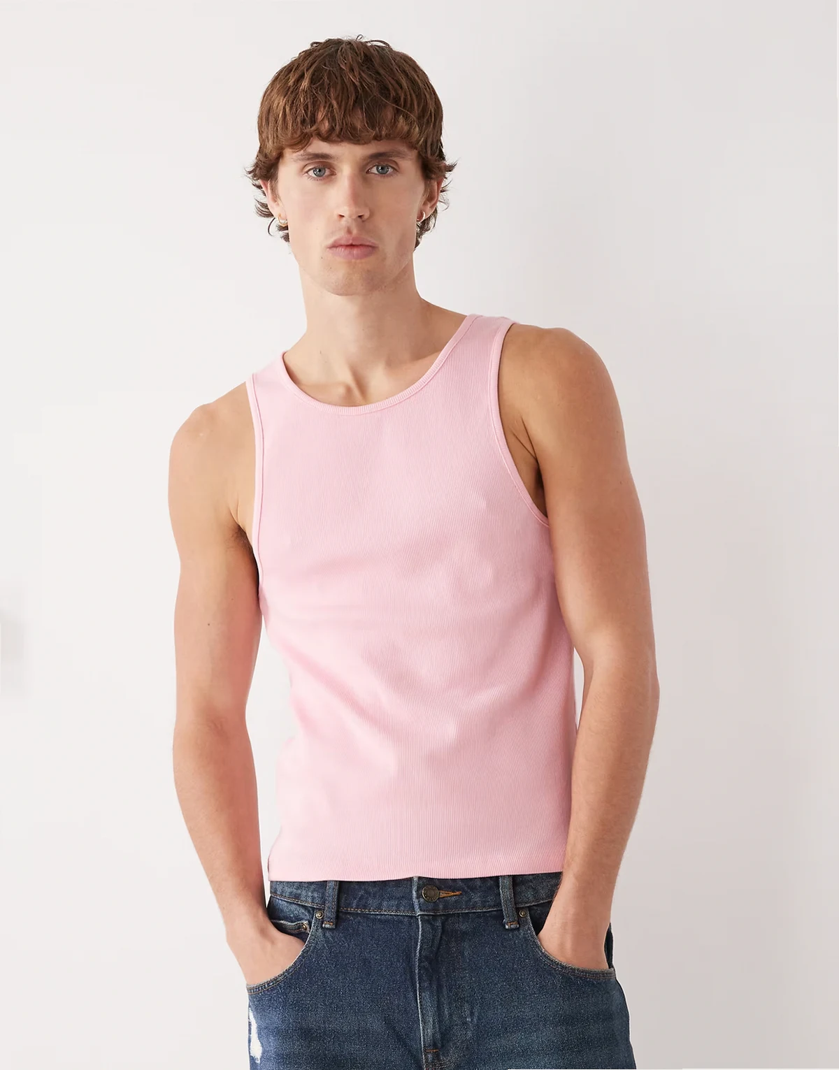 muscle fit ribbed tank top in pink