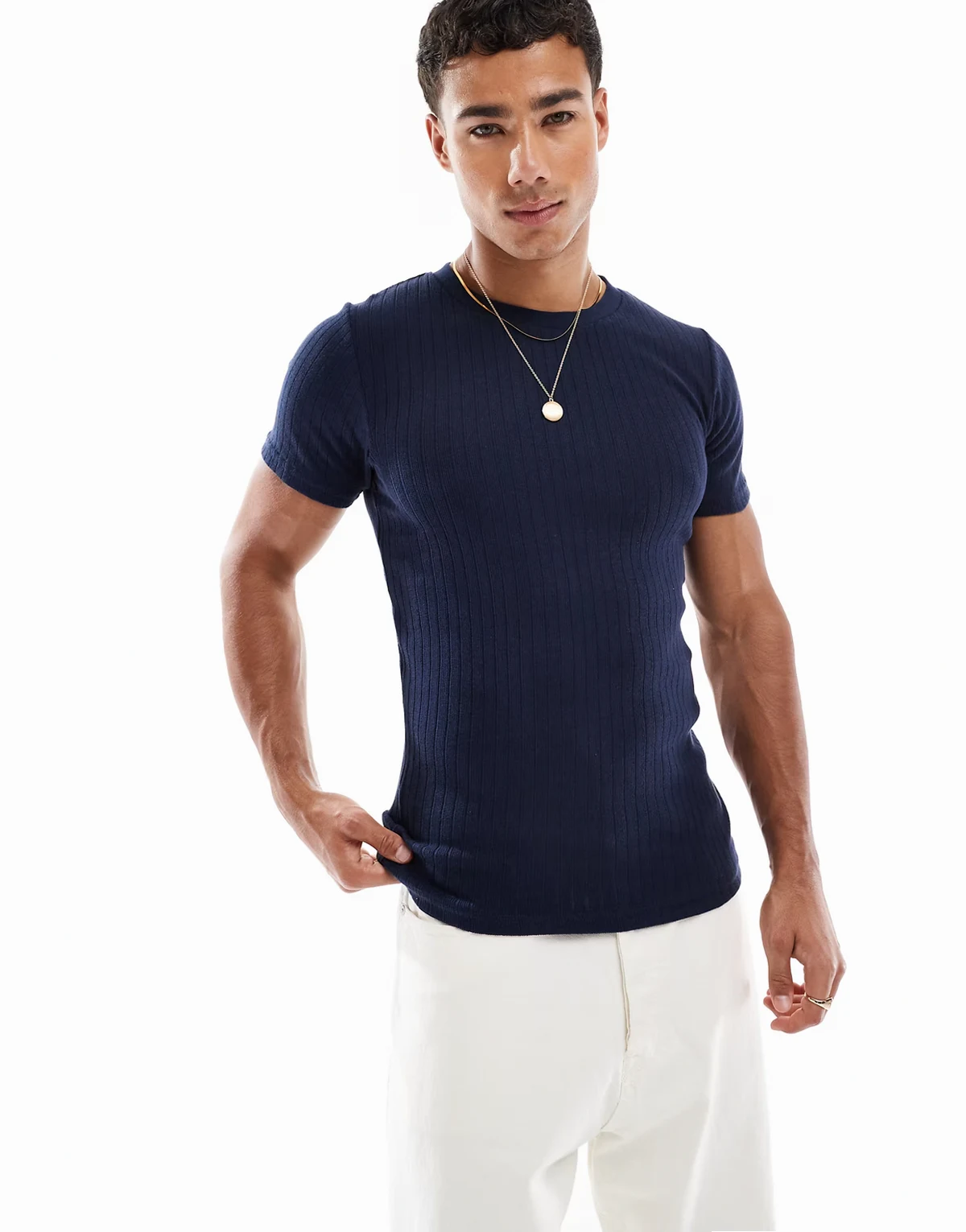muscle fit ribbed T-shirt in navy