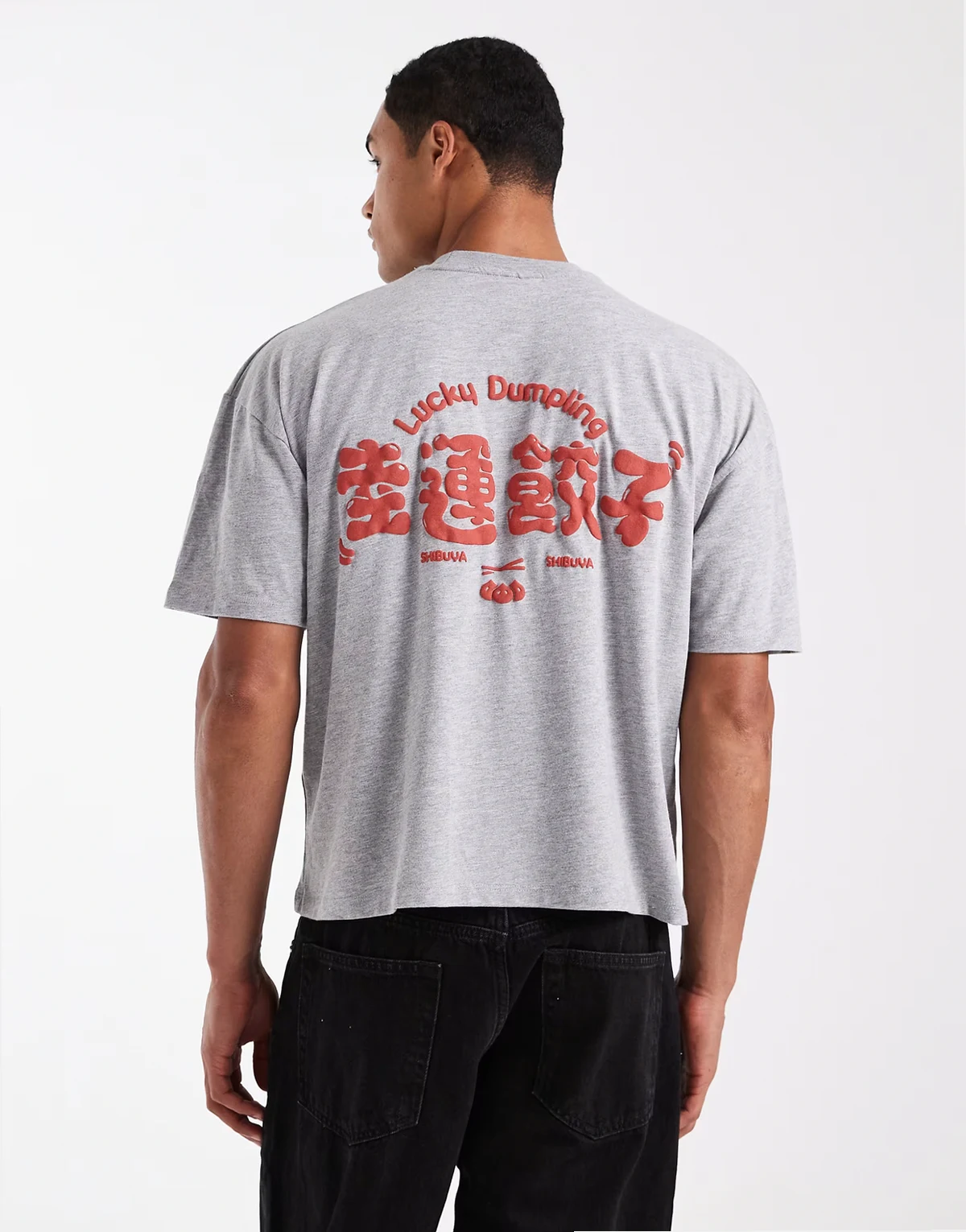 – Szara melanżowa T-shirt o pudełkowym kroju z grafiką z napisem „Dumplings”