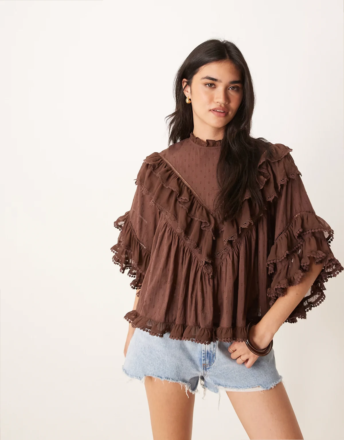 ruffle floaty blouse with lace trim in brown