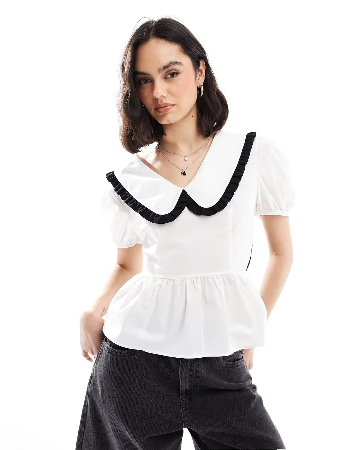 tie back shirt with ruffle collar detail in white and black