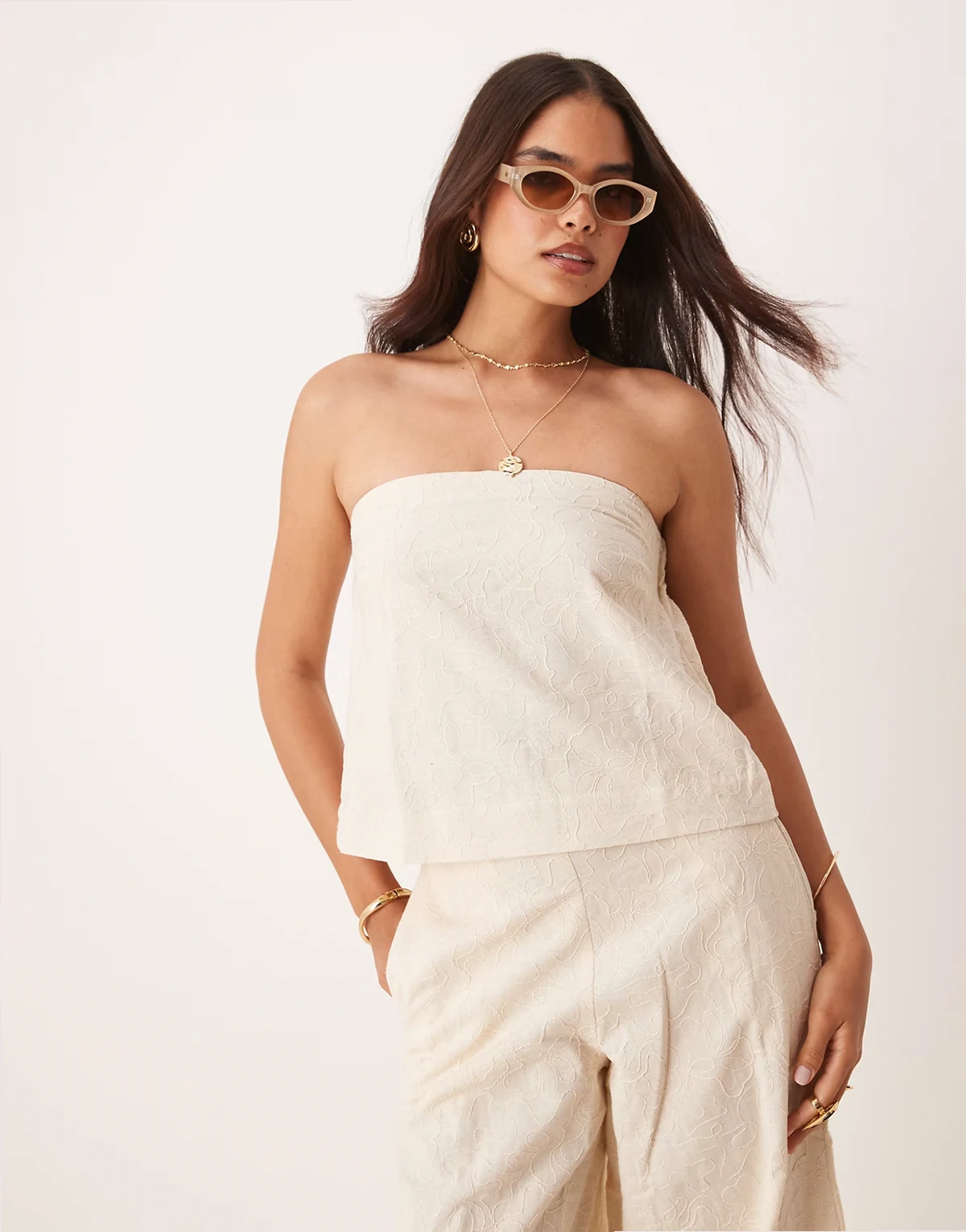 embroidery detail bandeau top in cream - part of a set