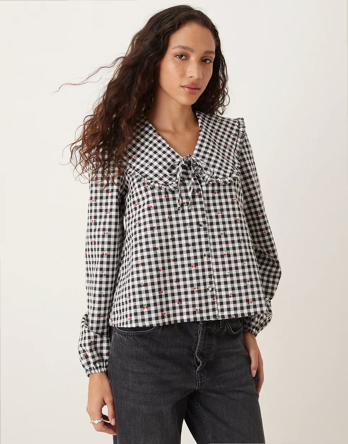 long sleeve blouse with oversized collar in black gingham and cherry print