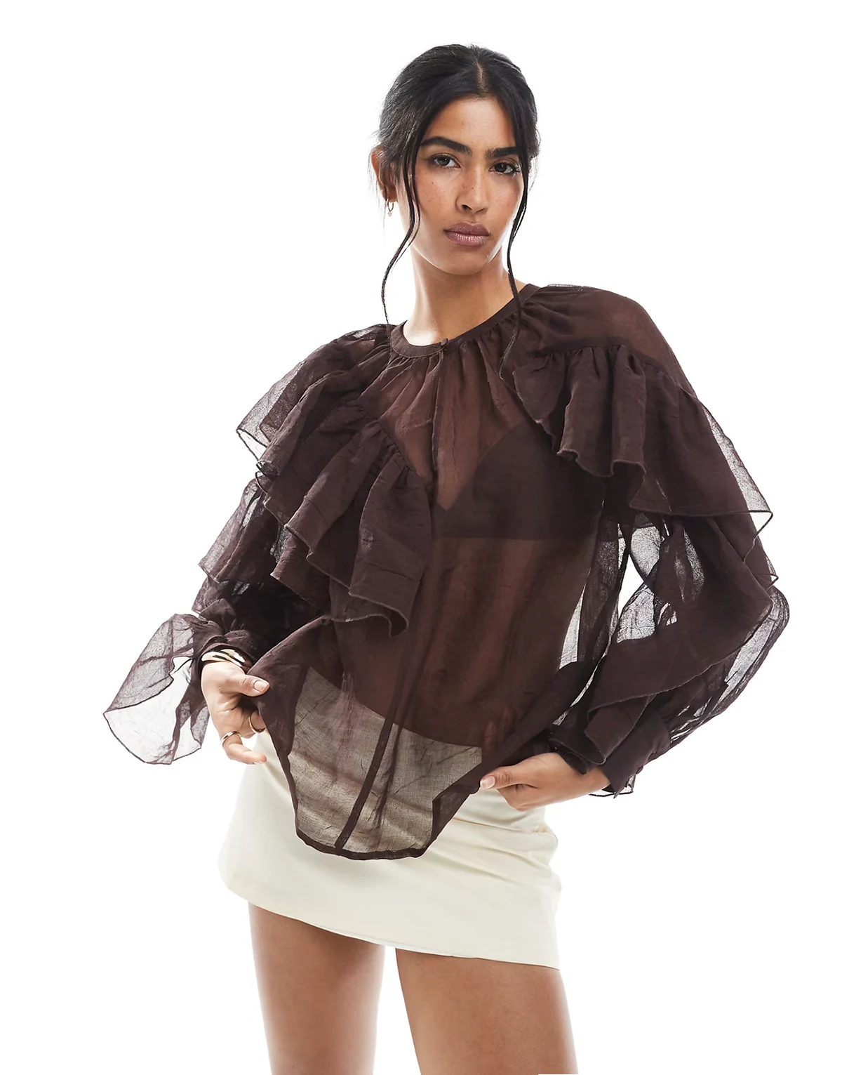 ruffle boho blouse in chocolate