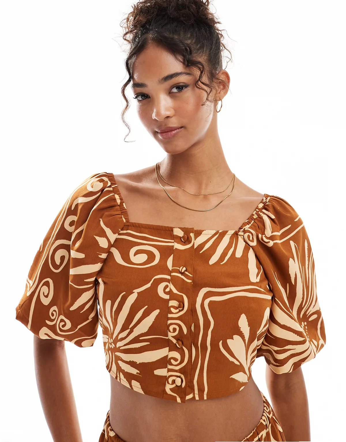 tile floral puff sleeve blouse in brown - part of a set