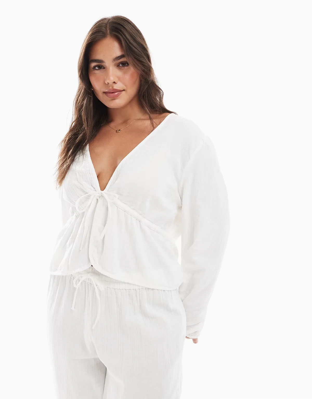 Pieces Curve crinkle cotton tie front cropped blouse in cloud white - part of a set