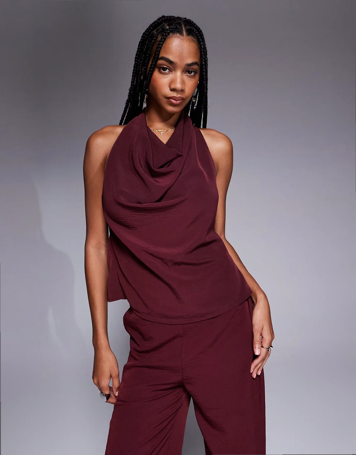 cowl detail buckle back halter top in burgundy - part of a set