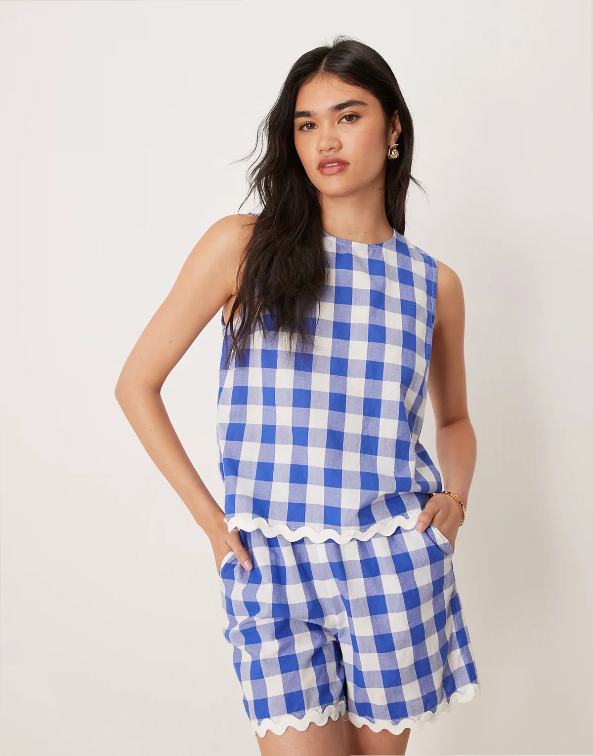 woven gingham top with scallop trims in blue and white - part of a set