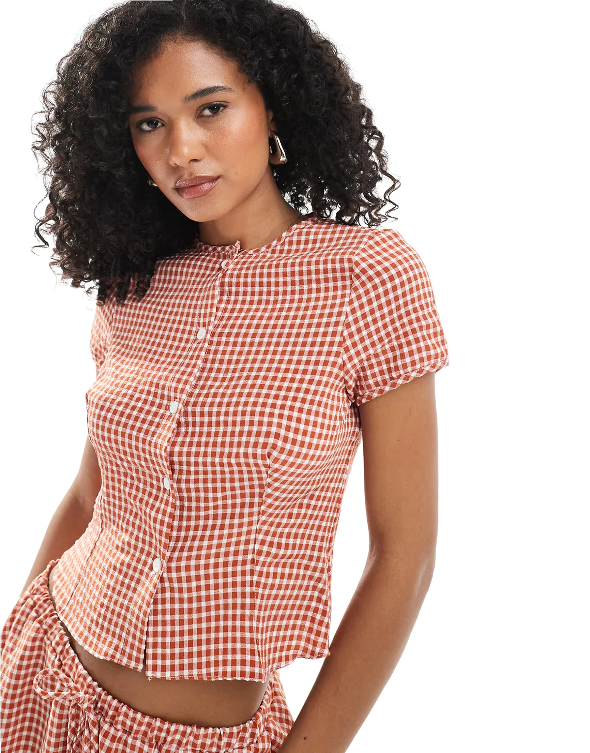 slim fitting cap sleeve blouse in red gingham - part of a set