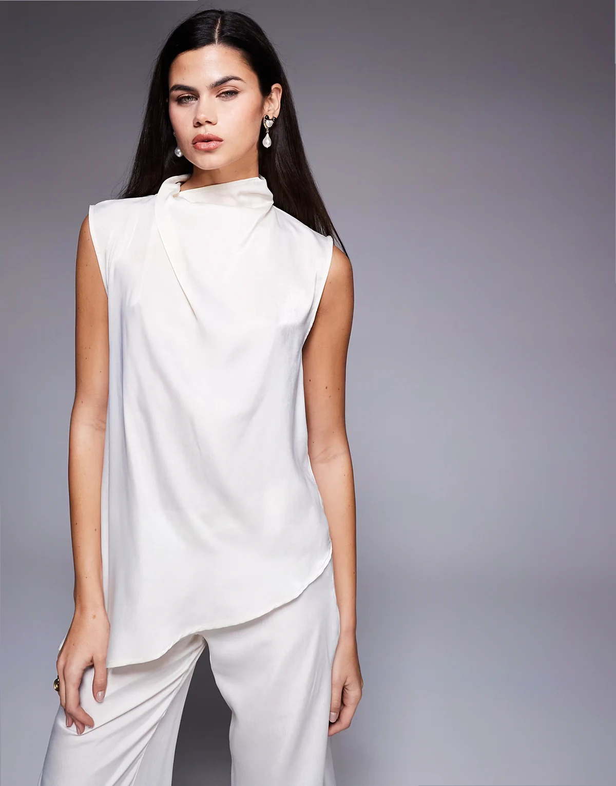satin drape and scarf detail top in cream - part of a set