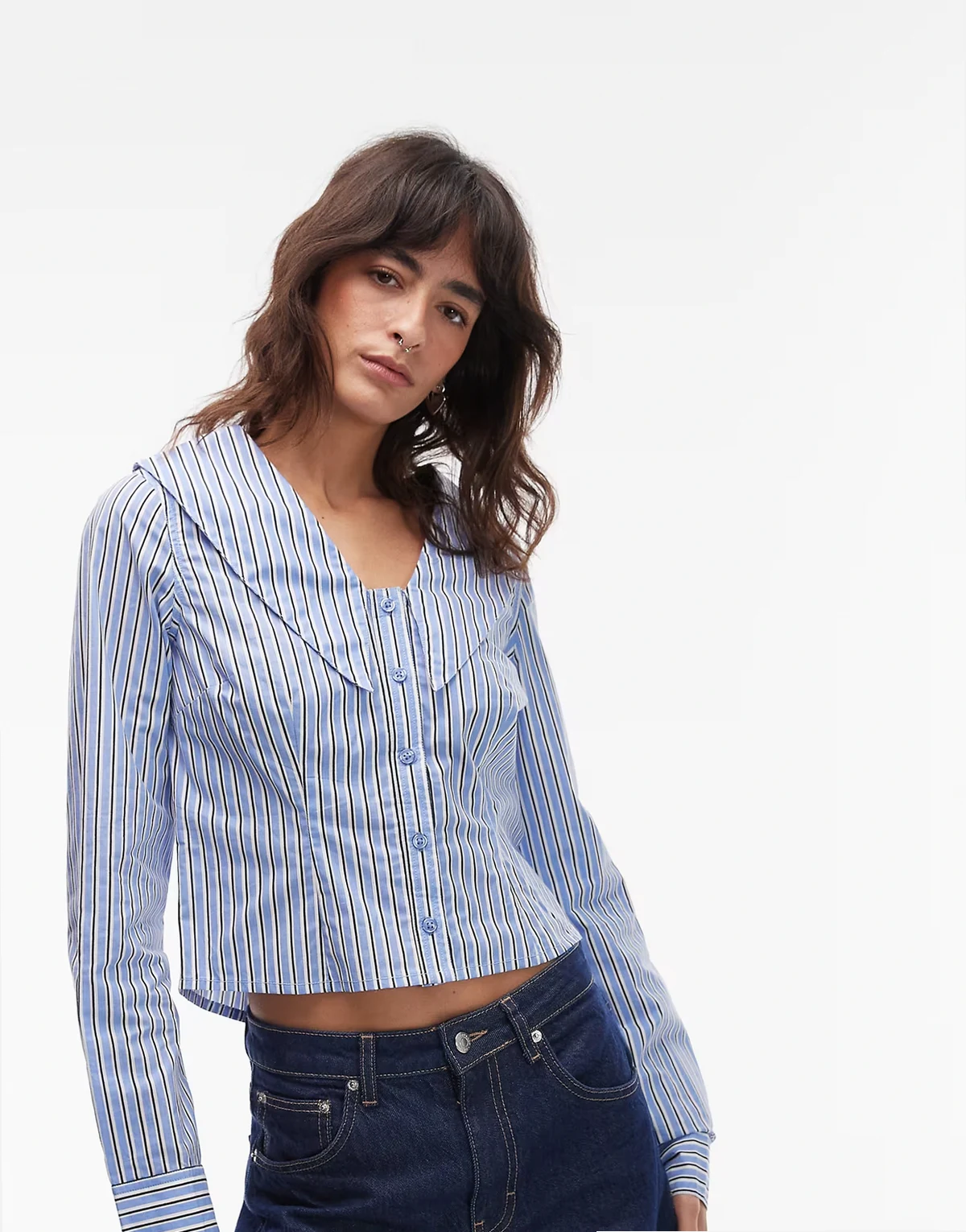– Gestreifte Bluse in Blau mit Kragen