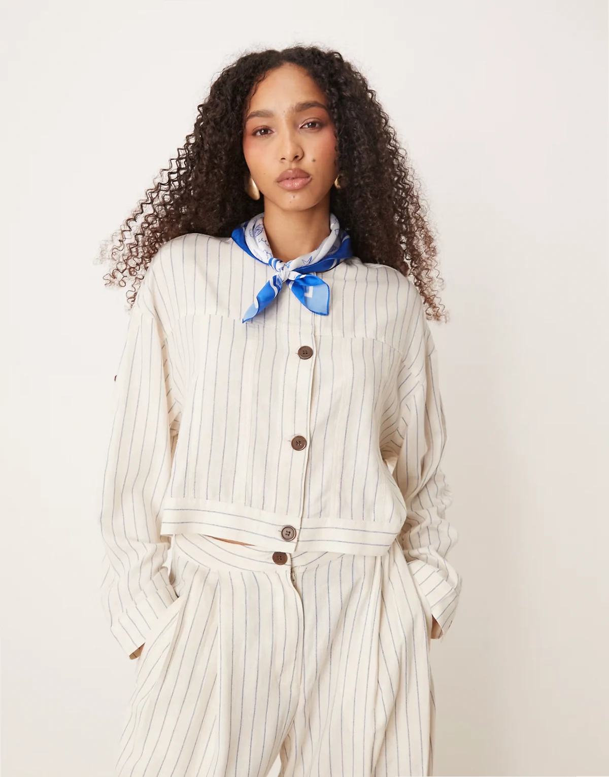 linen touch buttondown top in white pinstripe - part of a set