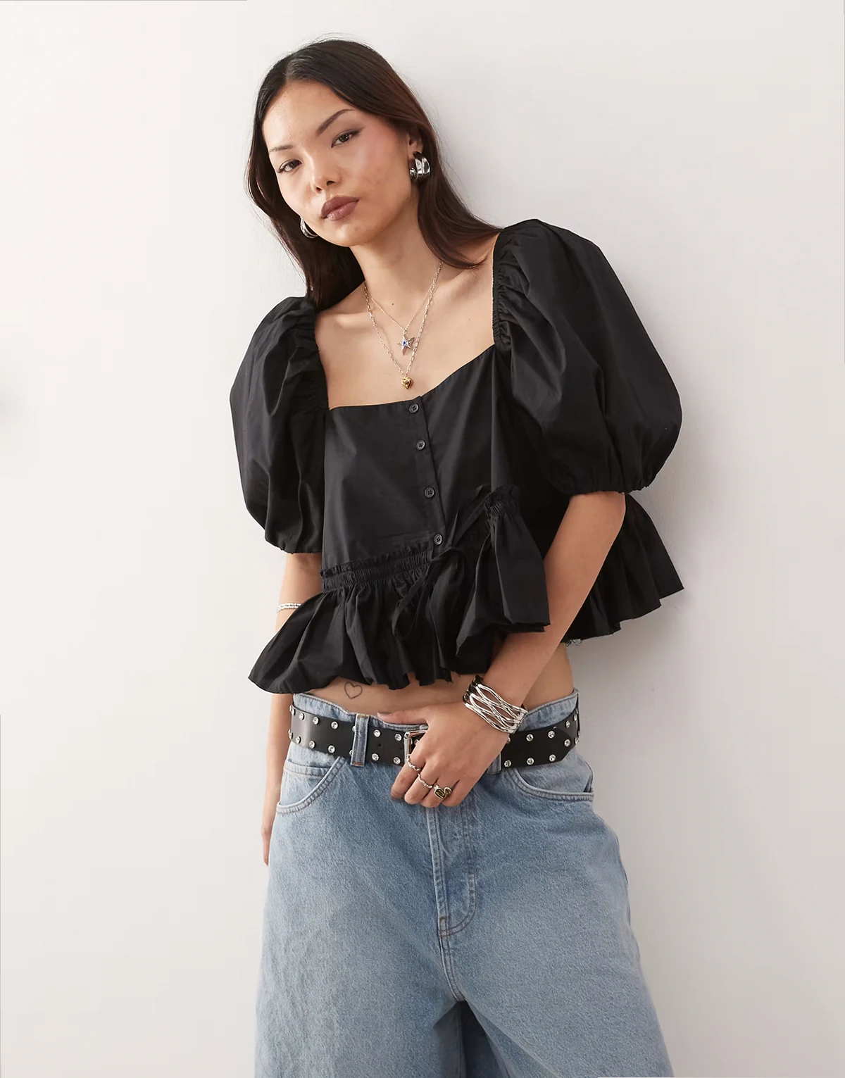 puff sleeve milkmaid peplum blouse in black