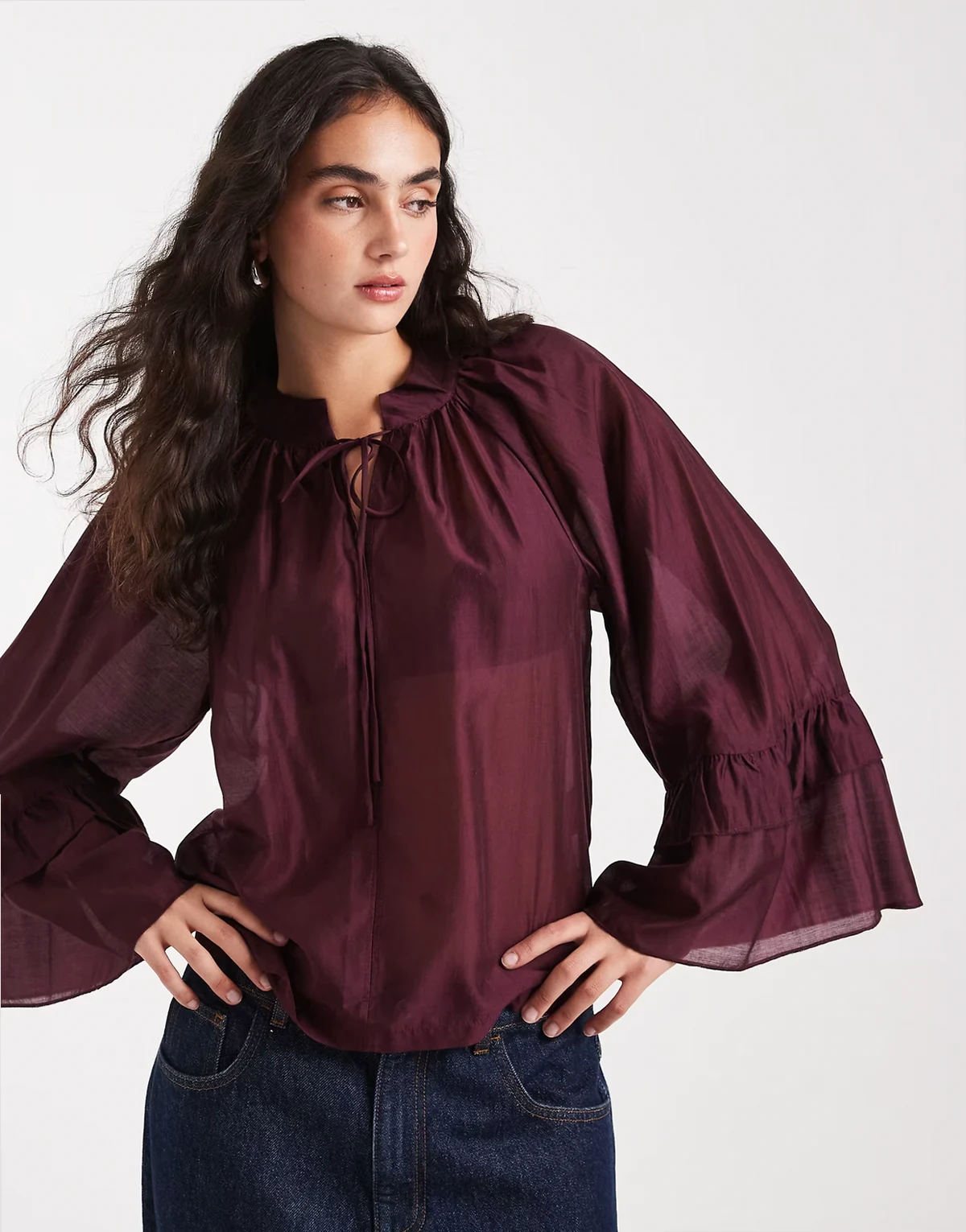 exaggerated sleeve ruffle detail boho blouse in burgundy