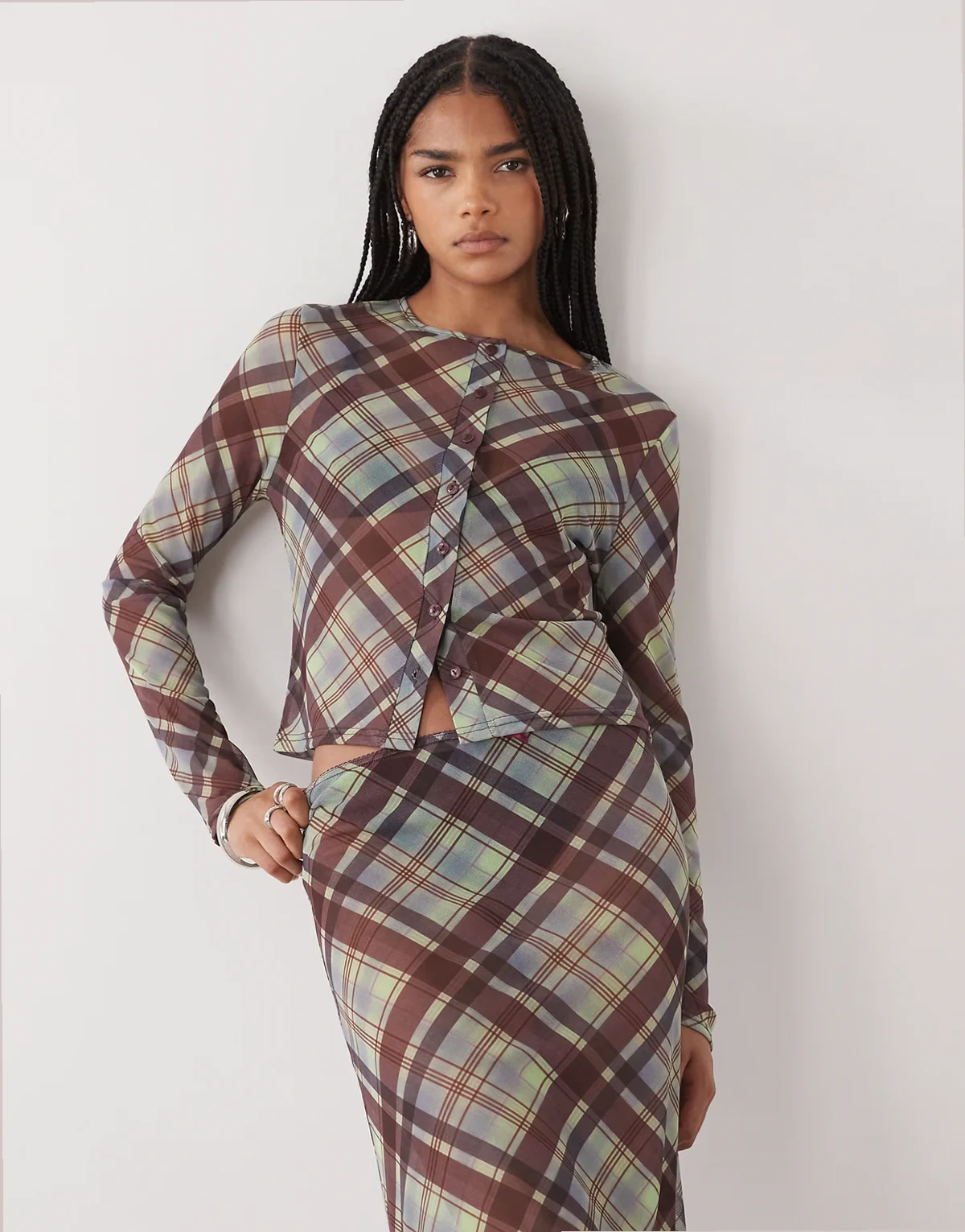 long sleeve mesh button up top in burgundy and lime plaid