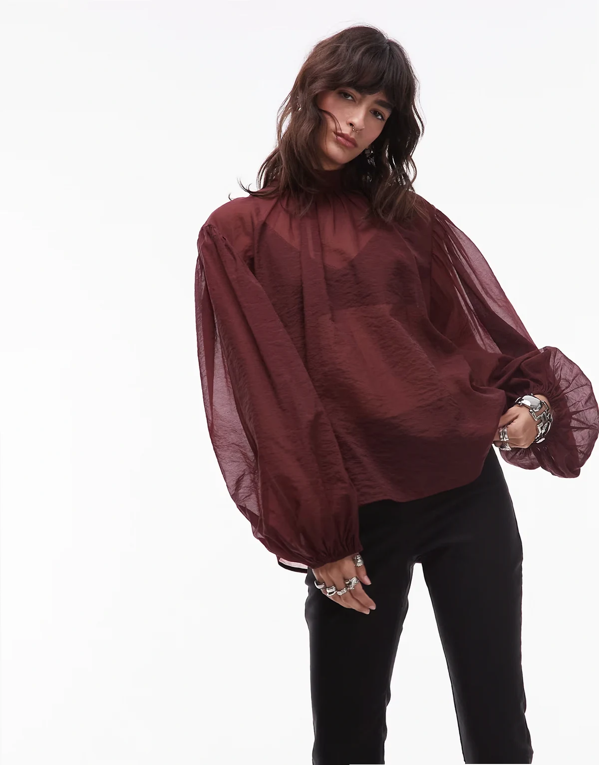 semi sheer blouse with puff sleeves and bow in burgundy plum