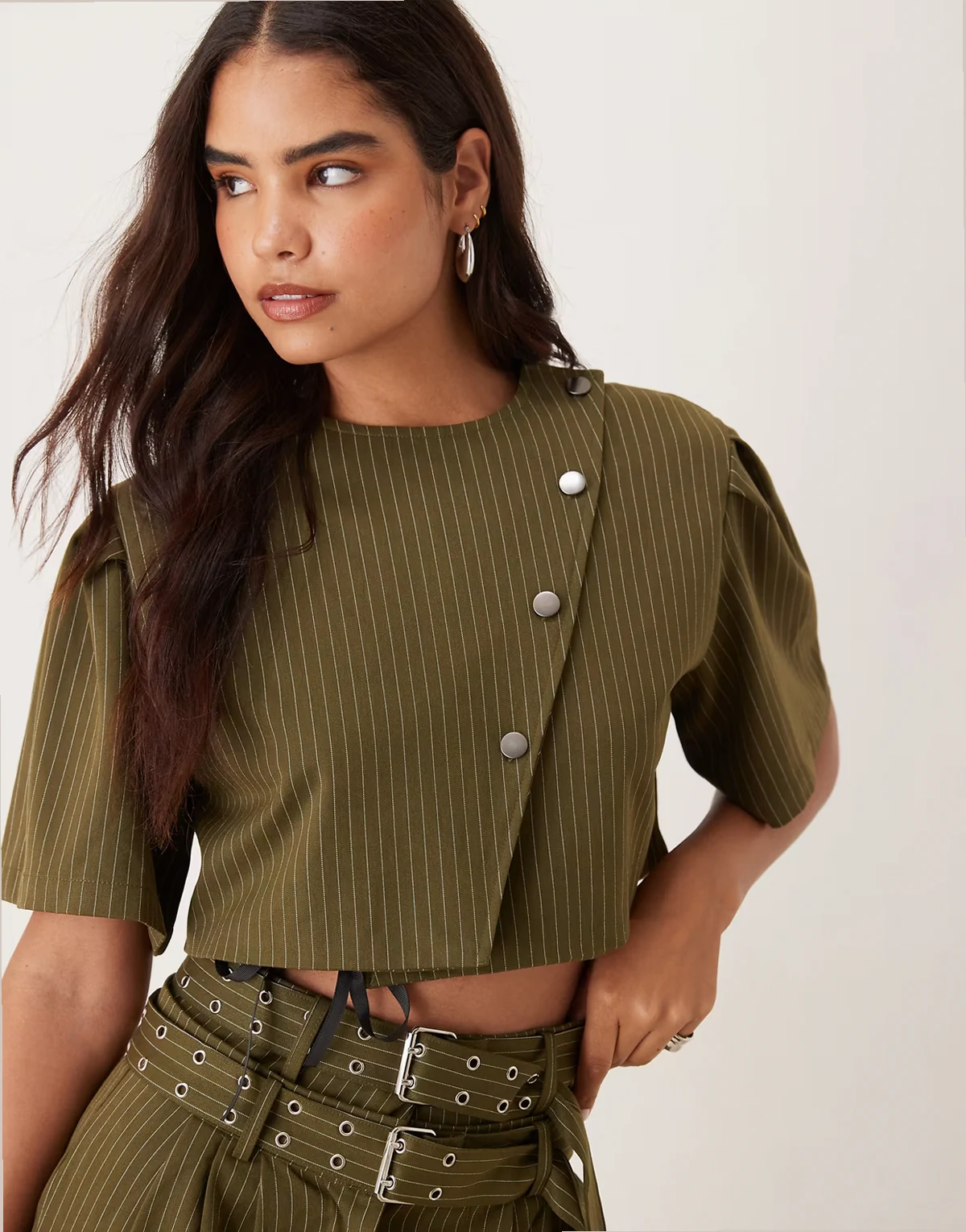 cropped pinstripe top in green - part of a set