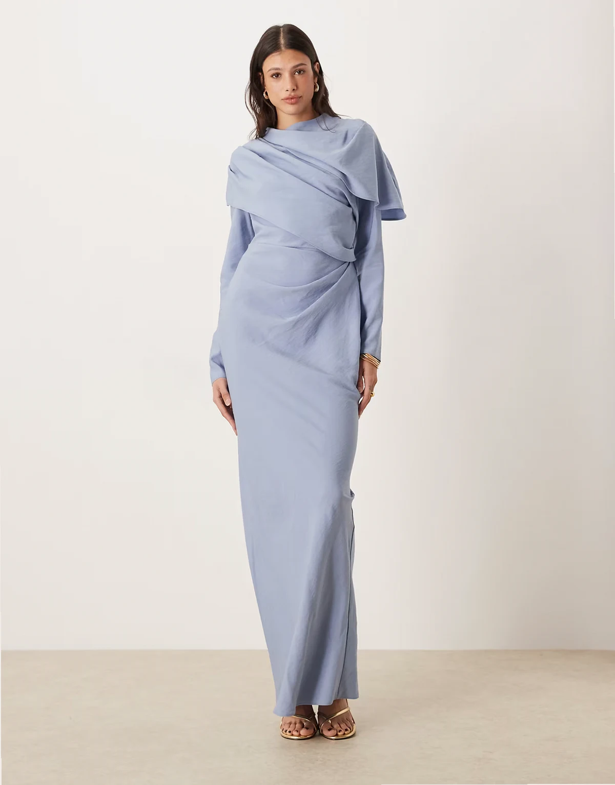 ASOS DESIGN Tall – Hochgeschlossenes Maxikleid in Mittelblau mit drapiertem Oberteil